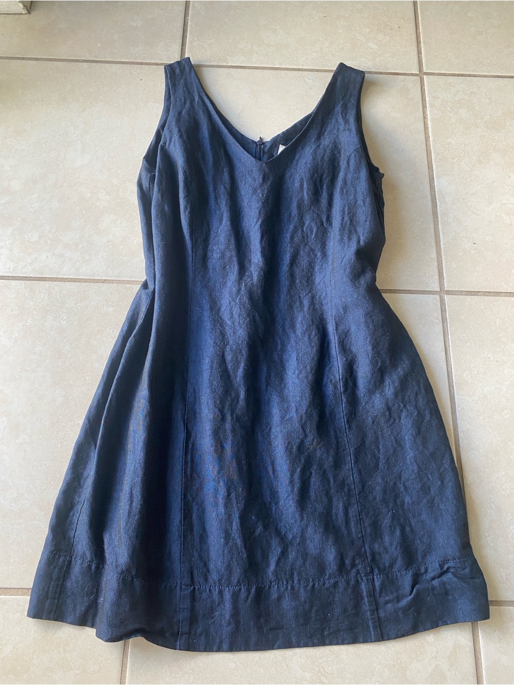 Linen Minimalist Classic Navy V-neck Sleeveless A-Line Dress
